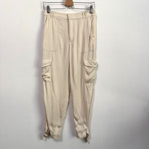 Zara Satin Effect Cargo Crop Pants Small Buckle Hem Cream Boho Trendy Casual